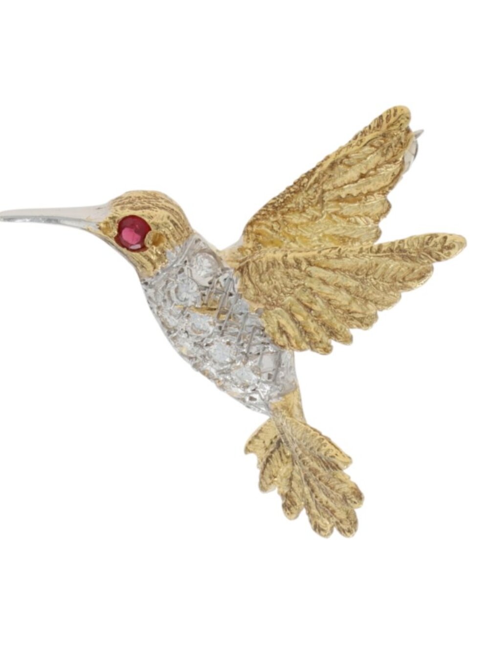 Yellow Gold Ruby Diamond Hummingbird Brooch - 18k Round .11ctw Nature Pin